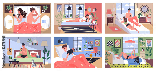 Smartphone addiction conce pt illustration. People eat, rest and bath