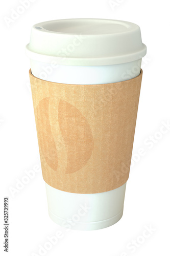 Blank white takeaway coffee cup with cover and sleeve isolated on white background
