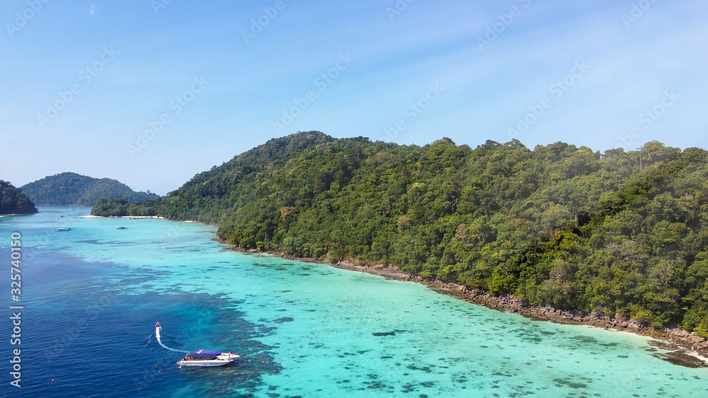 Fototapeta premium Amazing aerial view of Surin Islands from drone on a sunny day, Thailand. Surin National Park