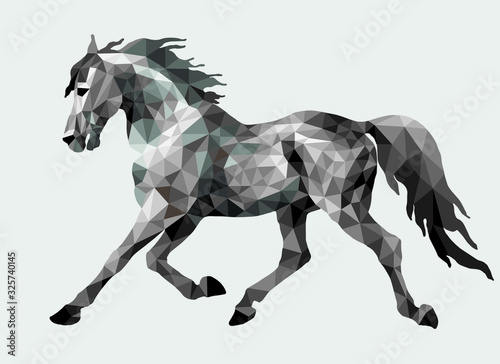 Valokuva silver running pony drawn in polygonal style, monochrome isolated image on a whi