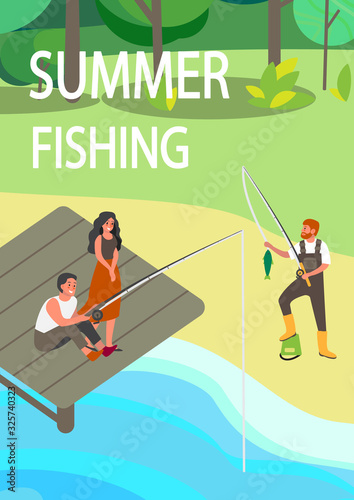 People fishing with fishing rod and ned in the park. Summer outdoor activity photo