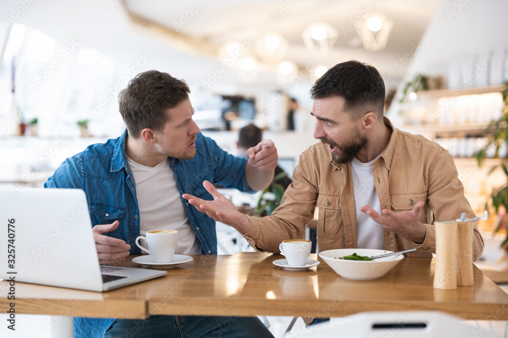 colleagues men arguing about work issues during lunch break at cafe, one eats salad, another drinks coffee, working on project in laptops, multitasking teamwork concept colleagues men arguing about work issues during lunch break at cafe, one eats salad, another drinks coffee, working on project in laptops, multitasking teamwork concept