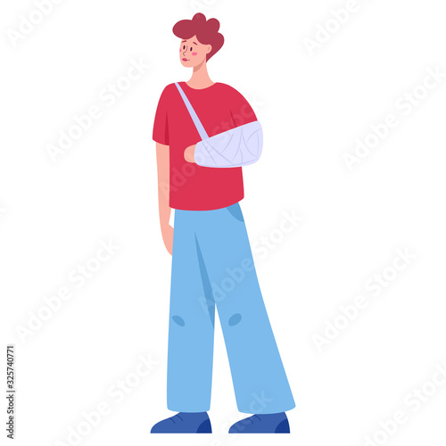 Disabled person. Men having a gypsum bandage on his arm.