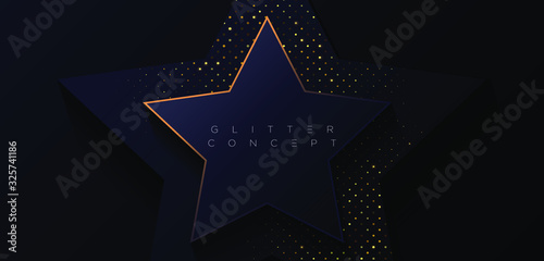 Dark blue premium minimalist background with luxury golden geometric elements and halftone pattern. Glitter backdrop for poster, invitation card, banner, flyer, cover etc. Vector EPS