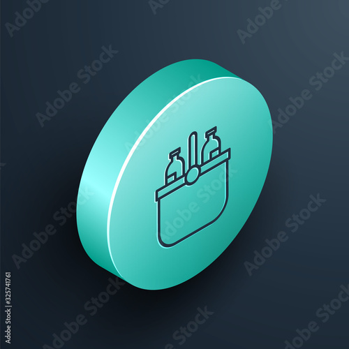Isometric line Cooler bag and water icon isolated on black background. Portable freezer bag. Handheld refrigerator. Turquoise circle button. Vector Illustration