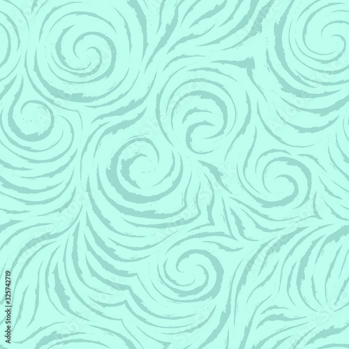 Seamless vector turquoise pattern of smooth lines with torn edges in the form of circles and spirals. Texture for finishing fabrics or wrapping paper in pastel colors on a sea background. Ocean and wa