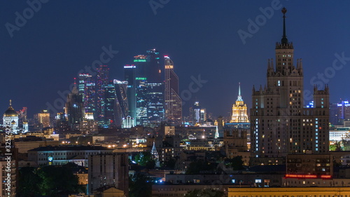 Stalin skyskrapers night timelapse  Moscow International Business Center and panoramic view of Moscow