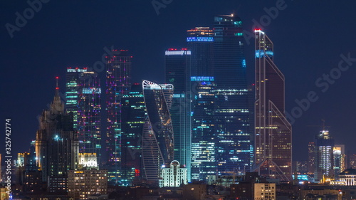 Stalin skyskrapers night timelapse, Moscow International Business Center and panoramic view of Moscow © neiezhmakov