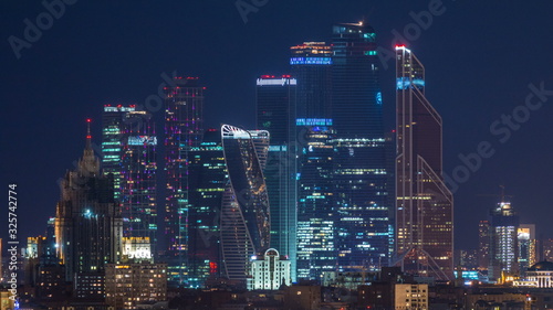 Stalin skyskrapers night timelapse, Moscow International Business Center and panoramic view of Moscow