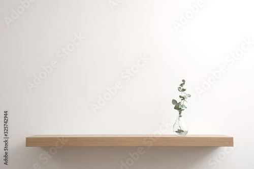 Fotótapéta Wooden shelf with plant in vase on light wall