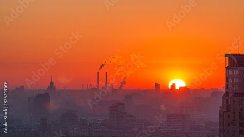 Residential buildings  Stalin skyscrapers and panorama of city at sunrise timelapse in Moscow  Russia