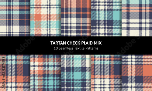 Plaid pattern set. Seamless multicolored check plaid graphics in blue, turquoise, orange, and off white for flannel shirt, blanket, throw, duvet cover, or other modern summer fabric design.