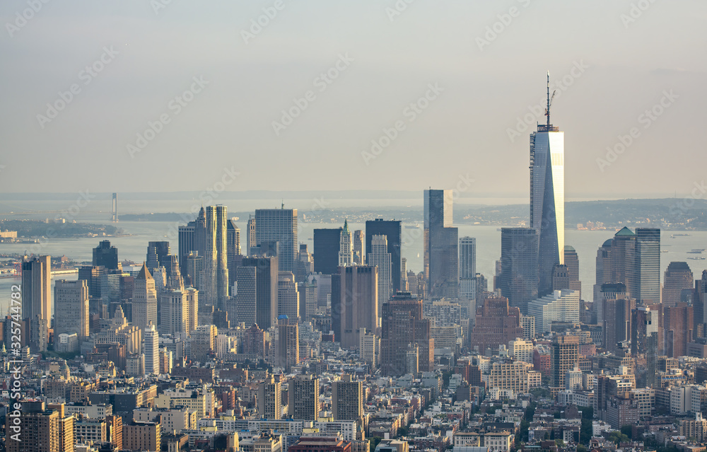 Aerial view of Downtown Manhattan skyline in summer season