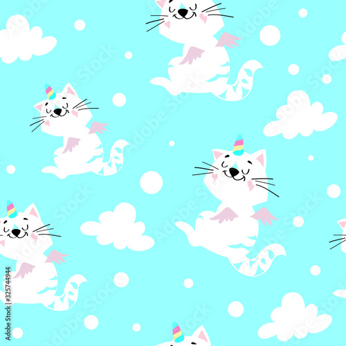 Beautiful illustration with a white cat unicorn and clouds on a blue background seamless pattern