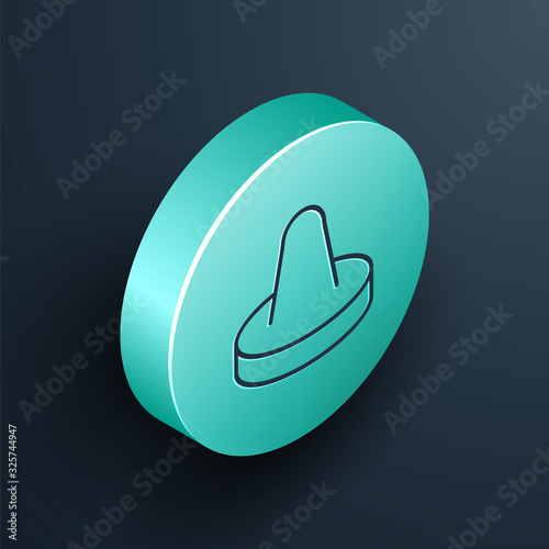 Isometric line Mallet and puck for playing air hockey game icon isolated on black background. Turquoise circle button. Vector Illustration