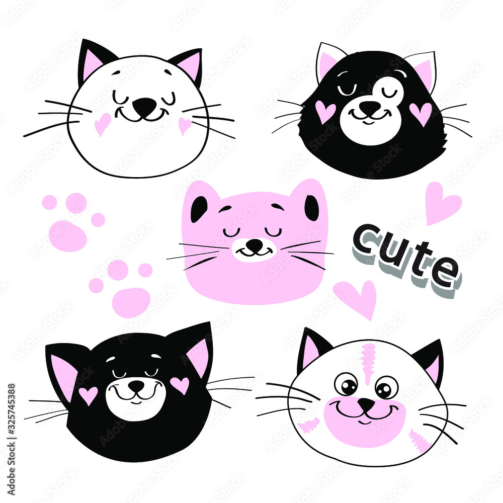 Cute head of white, black and pink cats in kawaii style on a white background for children