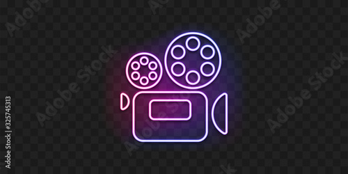 Cinema neon sign. Video camera neon sign. Luminous signboard with retro film production equipment. Vector illustration in neon style