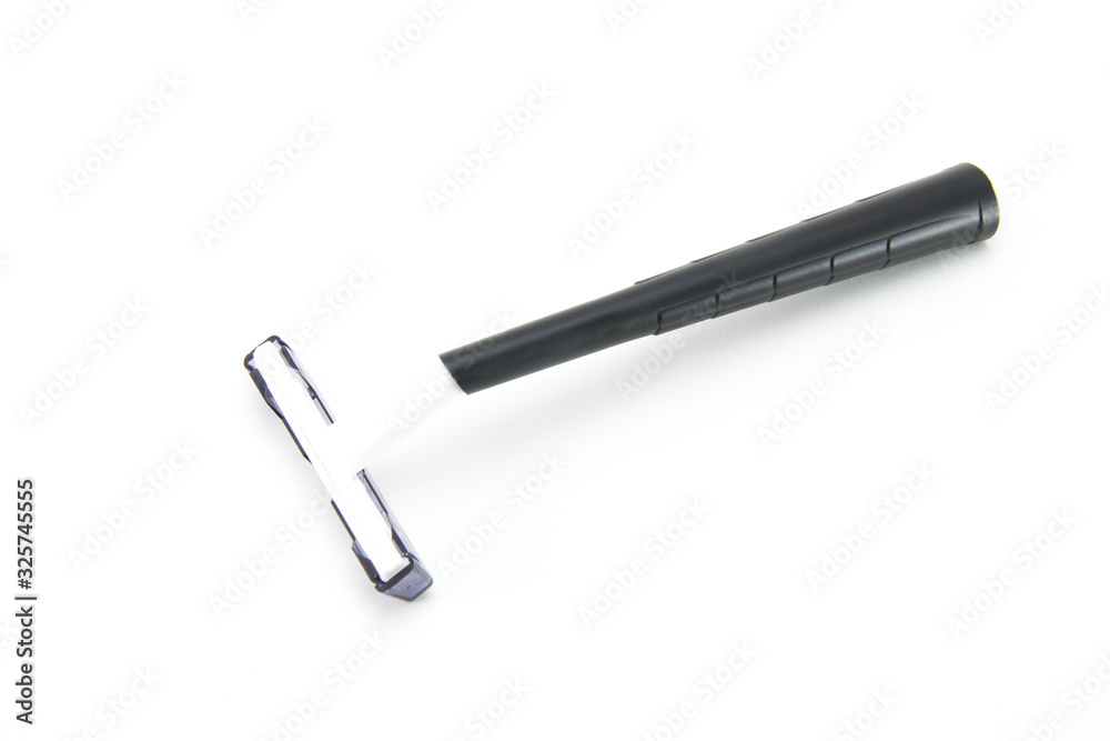 Safe shaving machine. Men's plastic razor with one blade and a black handle on a white isolated background. Safe shaving machine. Men's plastic razor with one blade and a black handle on a white isolated background.
