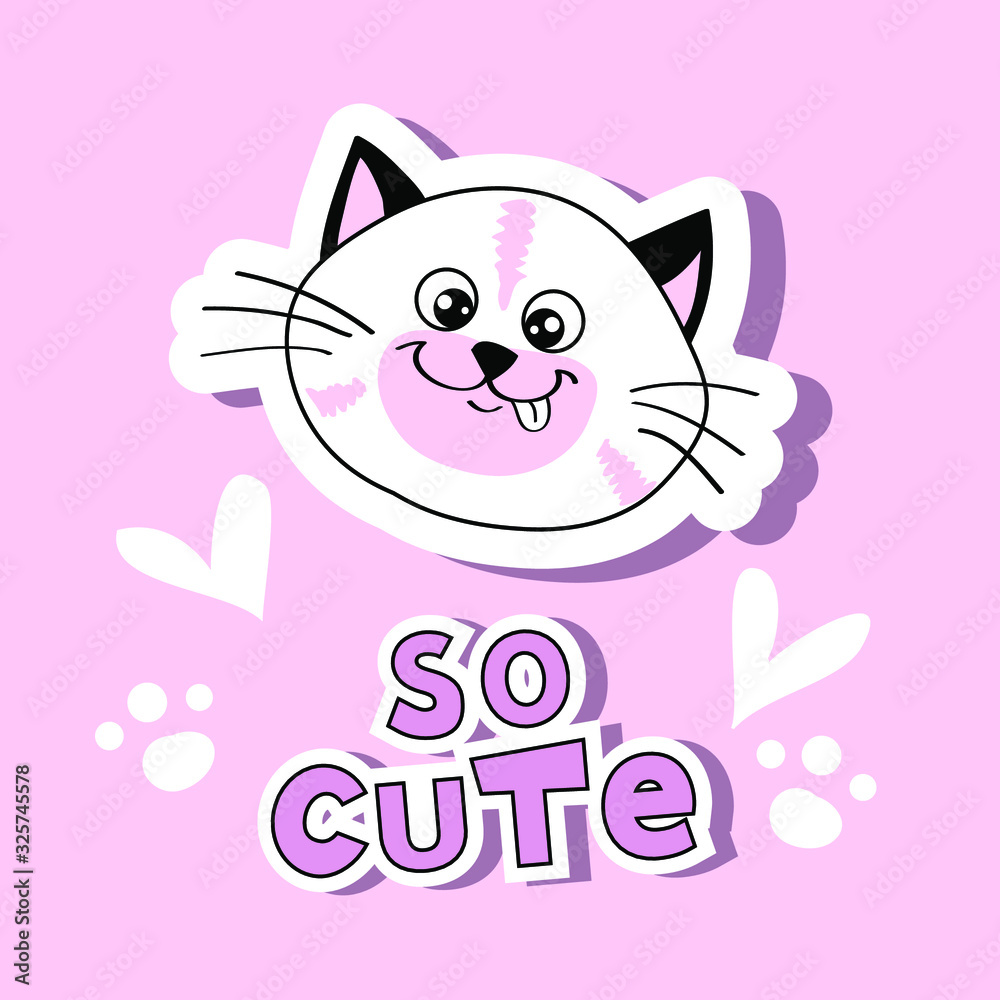 Fashion patch badges with funny head cat and inscription so cute on a pink background