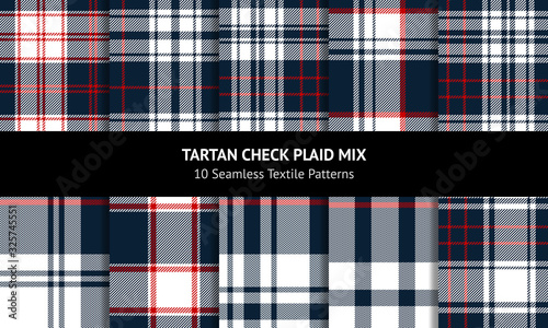 Tartan plaid pattern set. Seamless dark check plaid in navy blue, red, and white for scarf, flannel shirt, blanket, throw, upholstery, or other modern fabric design.
