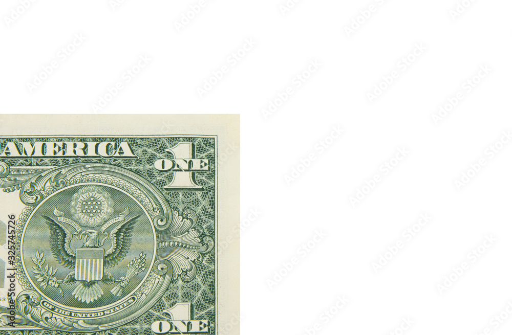 Part of a dollar american bill in the corner on a white isolated background. One dollar abstraction.