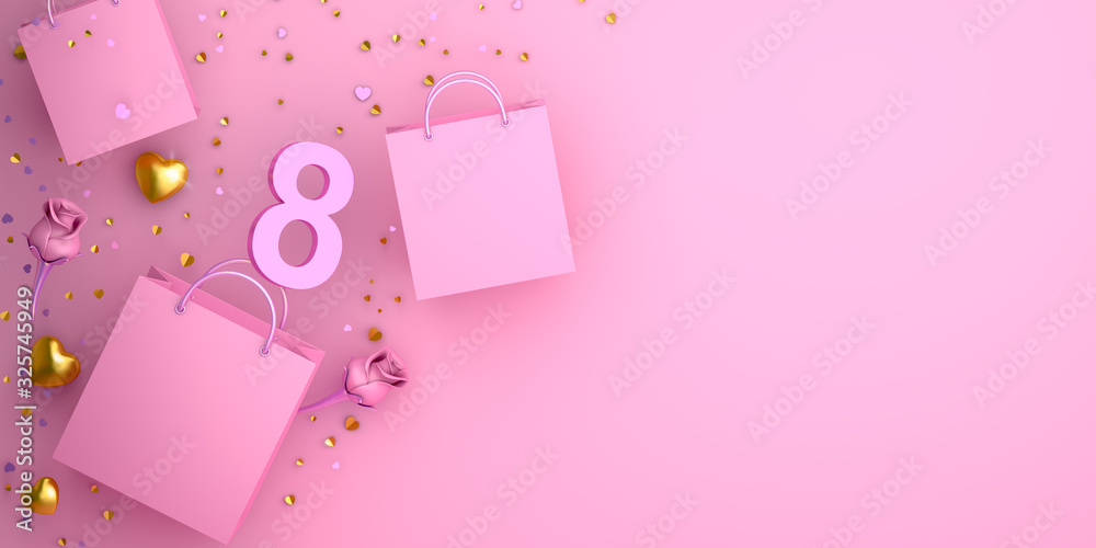 Happy International Women's Day sale, shopping bag , layout, template, banner, number 8, gold heart shape, rose flower and confetti glitter on pink background. 3D illustration.