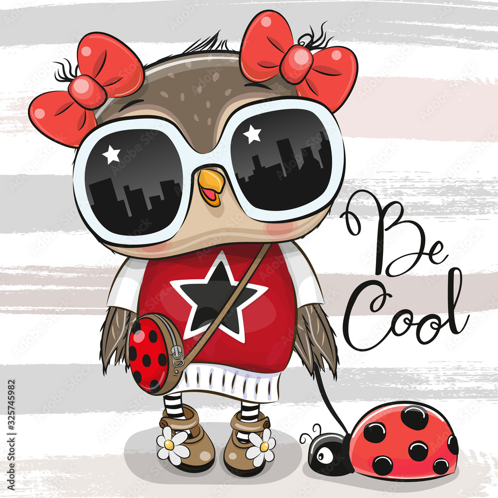 Cartoon Owl with sun glasses and ladybug Stock Vector | Adobe Stock