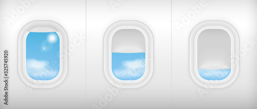 Realistic soft color airplane transport interior. Aircraft inside seats chairs near windows. Business class travel concept vector illustration