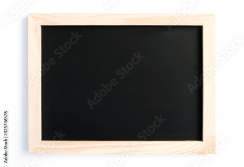 Close up blank black board with vintage wooden frame isolated on white background, Back to school and education concept, work space and copy space