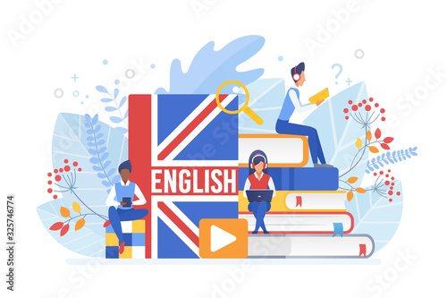 People learning English isometric vector illustration. Distance education, online learning concept. Students reading books 3d cartoon characters. Using hi-tech gadgets for teaching foreign languages