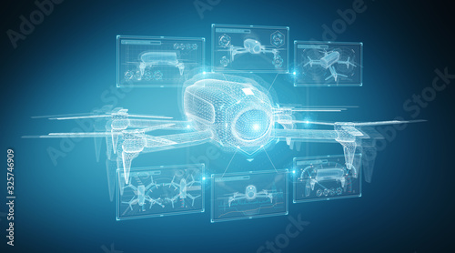 Holographic blue drone projection on blue background 3D rendering