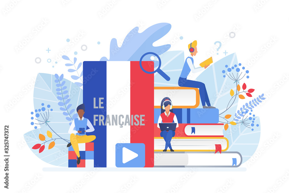 Online language courses flat vector illustration. Distance education, remote school, France university lessons. French language Internet class, e learning isolated clipart on white background