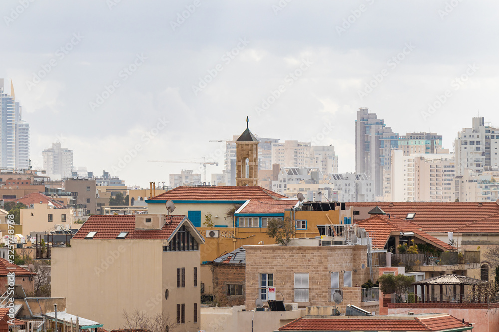 The combination of old and new buildings in Yafo in Israel
