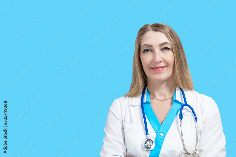 female doctor with blond hair and stethoscope, waist-high portrait female doctor with blond hair and stethoscope, waist-high portrait