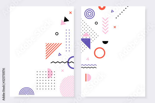 Set of neo memphis style posters. Trendy design template collection of bright covers. Abstract geometric shapes compositions. Vector illustration.