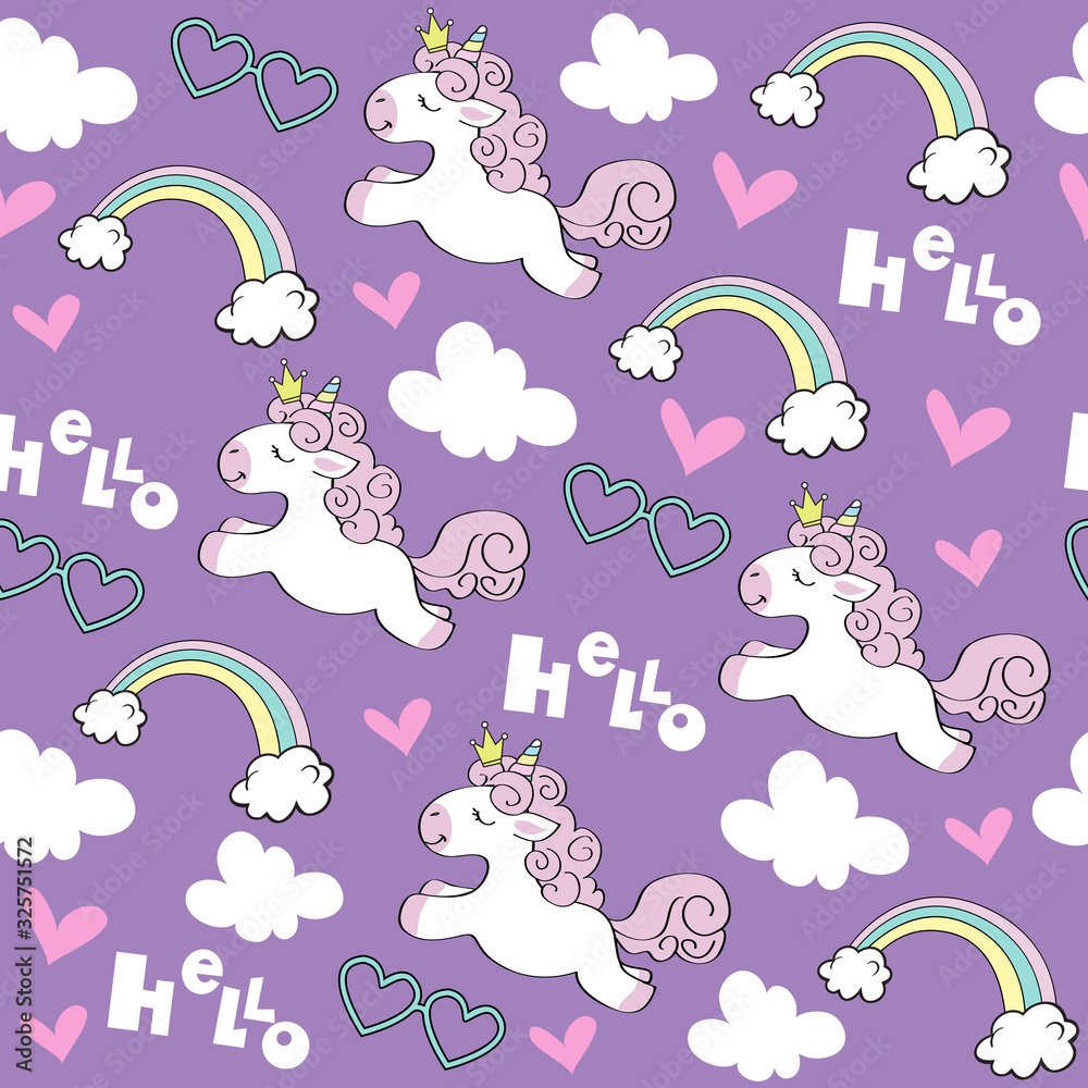 Obraz premium Cute flying unicorn, cloud, rainbow and the inscription hello on a purple background seamless pattern for children. Vector illustration funny animals for birthday