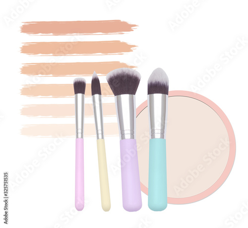 Set of make up artist brushes proffessional accessories and shades of powder liquid skin foundation