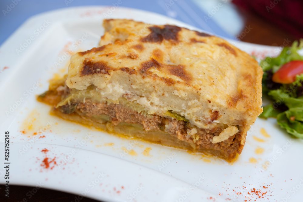 Moussaka - national traditional greek dish food served in the tavern.