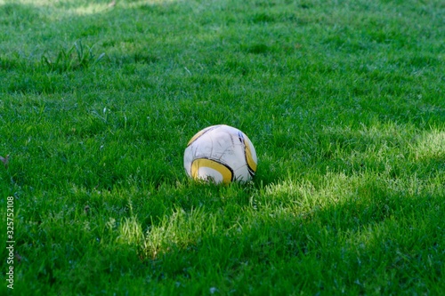 Yellow and white soccer ball on a grassy field in a park