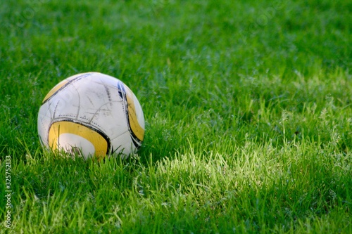 Yellow and white soccer ball on a grassy field in a park