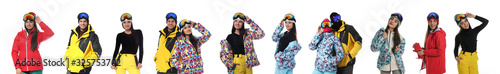 Collage of people wearing winter sports clothes on white background. Banner design