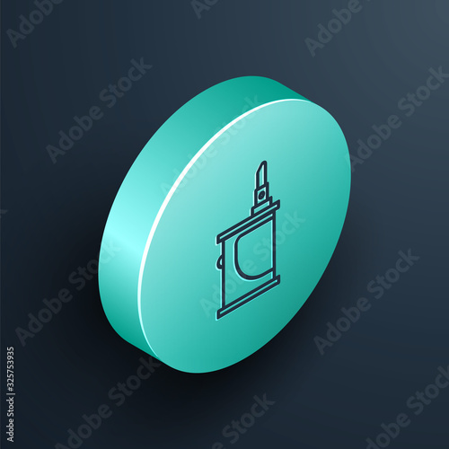 Isometric line Electronic cigarette icon isolated on black background. Vape smoking tool. Vaporizer Device. Turquoise circle button. Vector Illustration