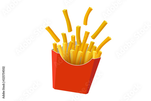 French fries scattered potato tasty fast street food in red paper carton package box. Vector flat illustration isolated on white background