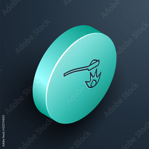 Isometric line Heroin in a spoon icon isolated on black background. Concept of drug addiction and dependence from the narcotic. Junkie lifestyle. Turquoise circle button. Vector Illustration
