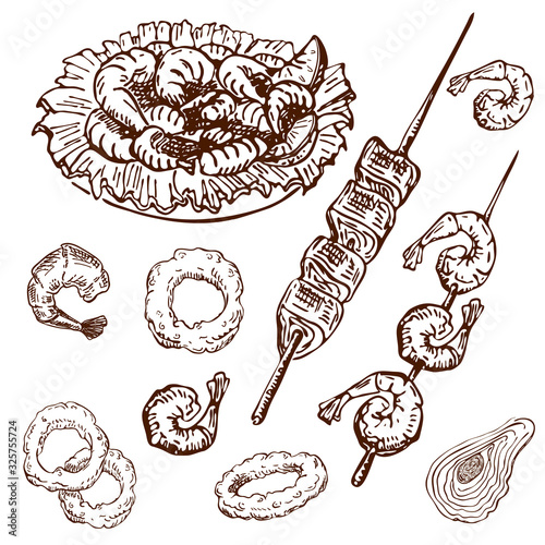 seafood hand drawn set isolated. vintage engraved bar or pub food. fried beer snack. squid rings, shrimp on skewer, pile of prawn on plate with lemon and lettuce. fish kebabs, oyster, grilled salmon.