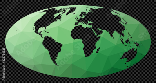 Low poly map of the world. Hammer projection. Polygonal map of the world on transparent background. Stencil shape geometric globe. Amazing vector illustration.