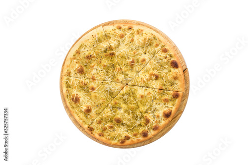 Italian focaccia bread with rosemary and garlic on wooden board isolated on white background