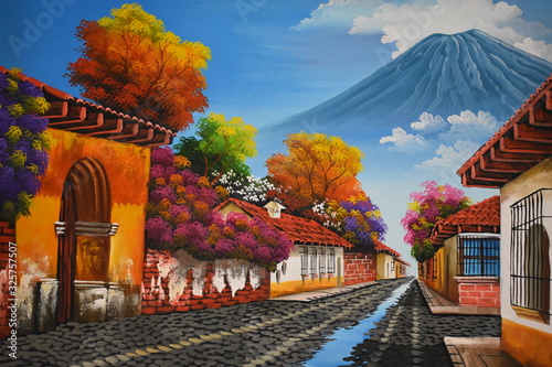 Pintura casas y volcán