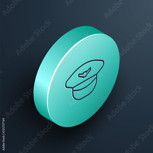 Isometric line Pilot hat icon isolated on black background. Turquoise circle button. Vector Illustration