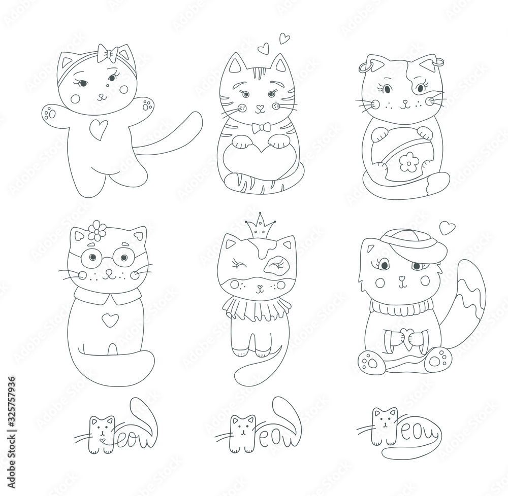 Cute set funy cats line pattern for coloring book vector illustration